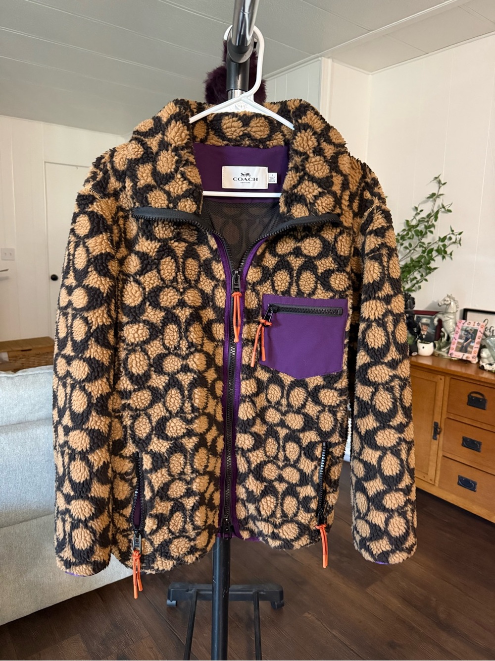 Coach C0633 Signature Sherpa Jacket Women’s S Brown Purple Faux Fur Zip